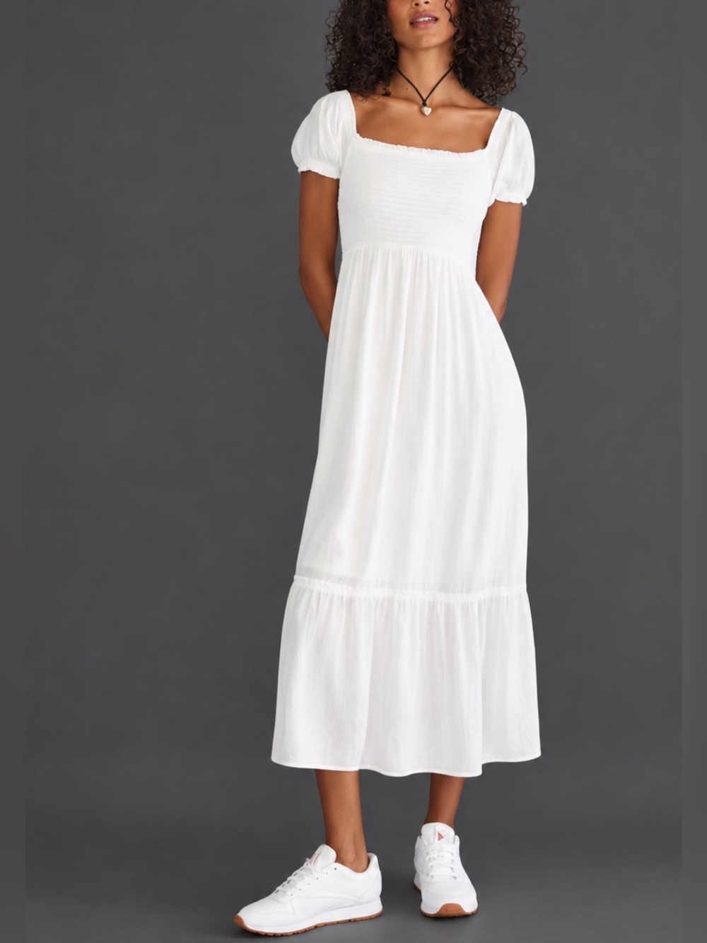 Aeropostale White Smocked Midi Dress S Cottagecore Coquette Milkmaid Tiered Puff